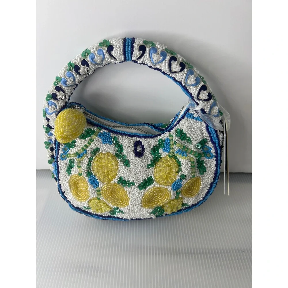 Handcrafted Beaded Lemon Mini Bag White Blue Yellow Citrus Fruit Hobo Handbag